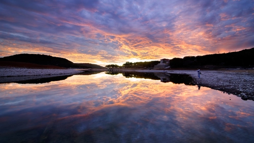 облака, закат, вечер, озеро, желтые, серые