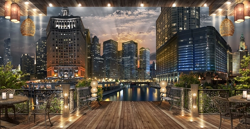 мегаполис, город, ночь, ночной город, терраса, балкон, лавка, столик, огни, вода, река, мост, темные, серые, бежевые