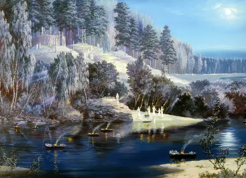 зима, река, природа, снег, белые, голубые, синие, картина, живопись