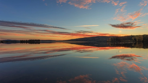вечер, озеро, отражение, облака, темные, синие, оранжевые