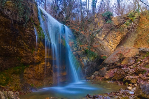водопад, осень, коричневые, скалы, голубые