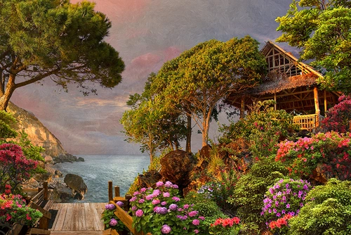 небо, зелень, дом, растительность, цветы, мост, мостик, вода, река, море, зеленые