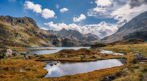 озеро, горы, франция, облака, серые, коричневые, синие