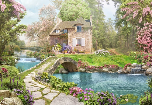 река, дом, цветы, лес, розовые, зеленые, синие, голубые, HD