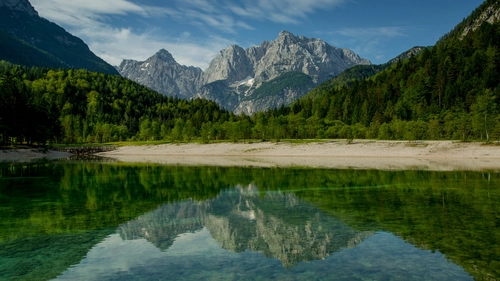 берег, озеро, отражение, лес, горы, зеленые, синие