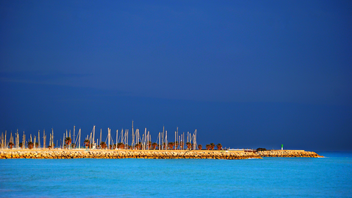 пляж, океан, пирс, камни, желтые, синие