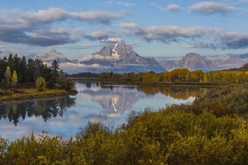 горы, лес, отражение, река, коричневые, голубые, желтые, осень
