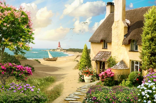 дом, берег, маяк, океан, голубые, желтые, зеленые, HD