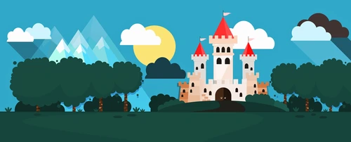 детские, замок, небо, облака, деревья, горы, трава, голубые, зелёные, белые