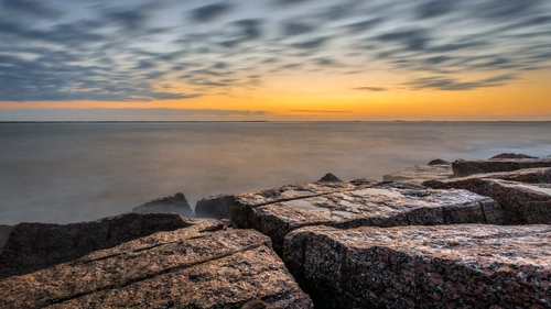 камни, океан, рассвет, серые, желтые