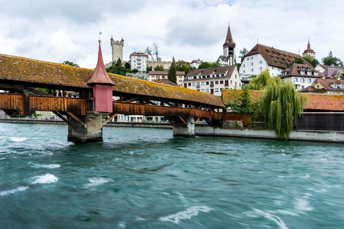 город, река, мост, волны, синие, коричневые, белые