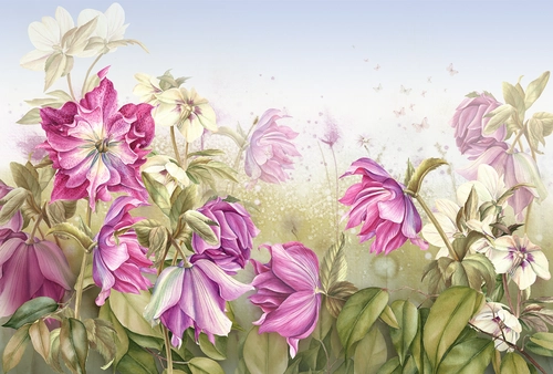 рисунок, растения, цветы, поле, листья, трава, бабочки, голубые, зелёные, розовые