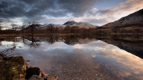 Озеро, деревья, вечер, коричневые, темные