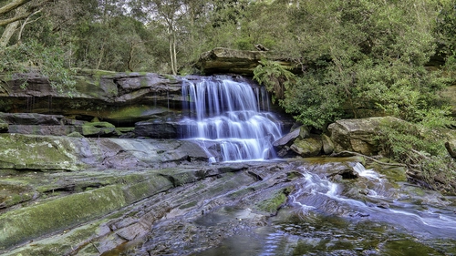 водопад, лес, природа, камни, коричневые, зеленые