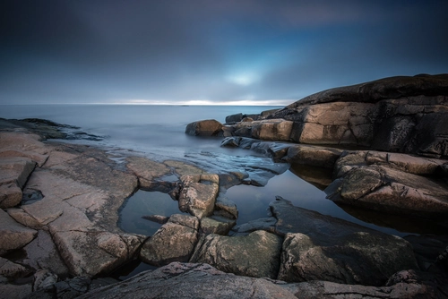 камни, океан, облака, тучи, серые