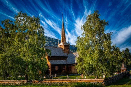 церковь, природа, деревья, зеленые, белые, синие