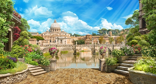 Италия, мост, храм, церковь, город, дома, зелень, растительность, голубые, бежевые, зеленые