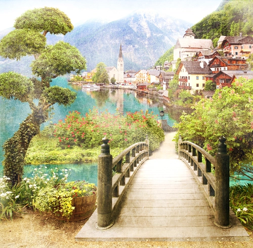 город, мост, озеро, деревья, зеленые, голубые, коричневые, HD