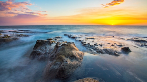 скалы, камни, берег, океан, рассвет, оранжевые, синие, розовые