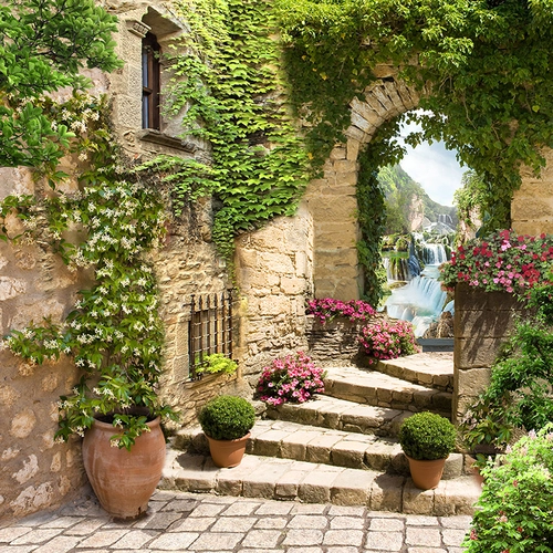 город, улица, вода, водопад, стена, зелень, растительность, цветы, бежевые, зеленые