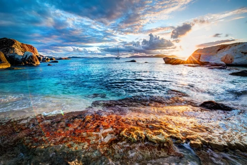 океан, камни, берег, закат, волны, синие, желтые