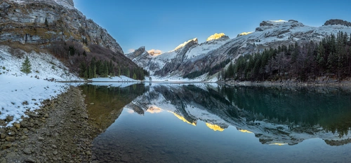 снег, река, горы, природа, отражение, панорама, белые, серые, синие