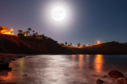 луна, остров, ночь, свет, черные, желтые, белые