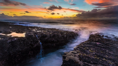 закат, океан, волны, берег, оранжевые, темные