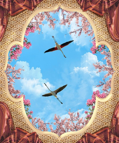 небо, потолок, потолочные, цветы, фламинго, бежевые, голубые