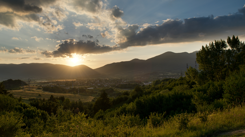 горы, поле, природа, деревья, зеленые, серые