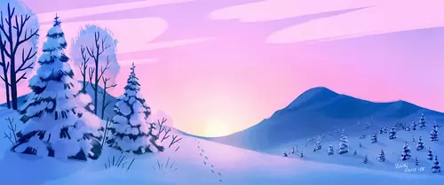 зима, снег, небо, горы, деревья, ели, розовые, голубые