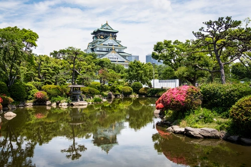 парк, япония, замок, архитектура, белые, зеленые, коричневые