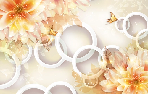 цветы, круги, бабочки, узоры, лепестки, белые, оранжевые