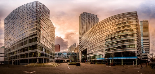 город, архитектура, вечер, коричневые, желтые, серые, панорама