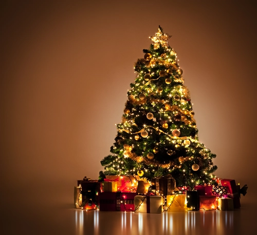 подарки, гирлянда, ель, коричневые, зеленые, желтые