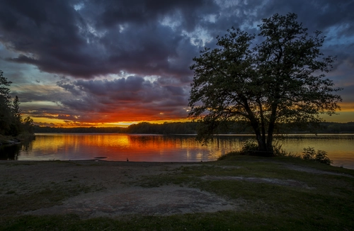 закат, озеро, черные, серые, красные, желтые