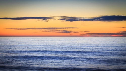 океан, вода, закат, облака, природа, оранжевые, синие